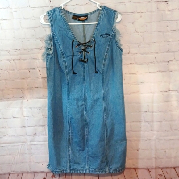 Harley Davidson  Y2K   Sleeveless Jean's Dress Leather Tie Front M - Picture 1 of 8